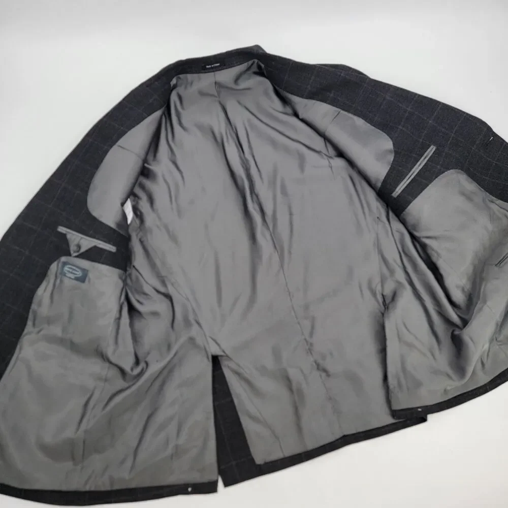 Pronto Uomo Platinum Mens 52R Charcoal Grey Windowpane 100% Wool 2-Vent Blazer